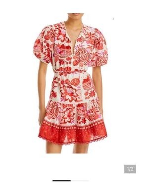 FARM Rio Red and White Floral Puff-Sleeve Mini Dress